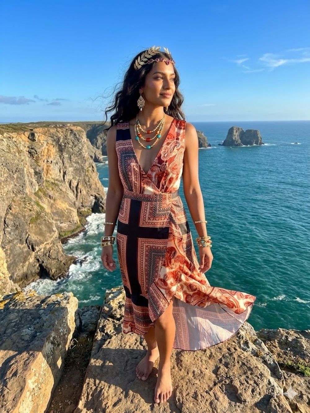Lulu's Coral and Black Paisley Wrap Midi Dress